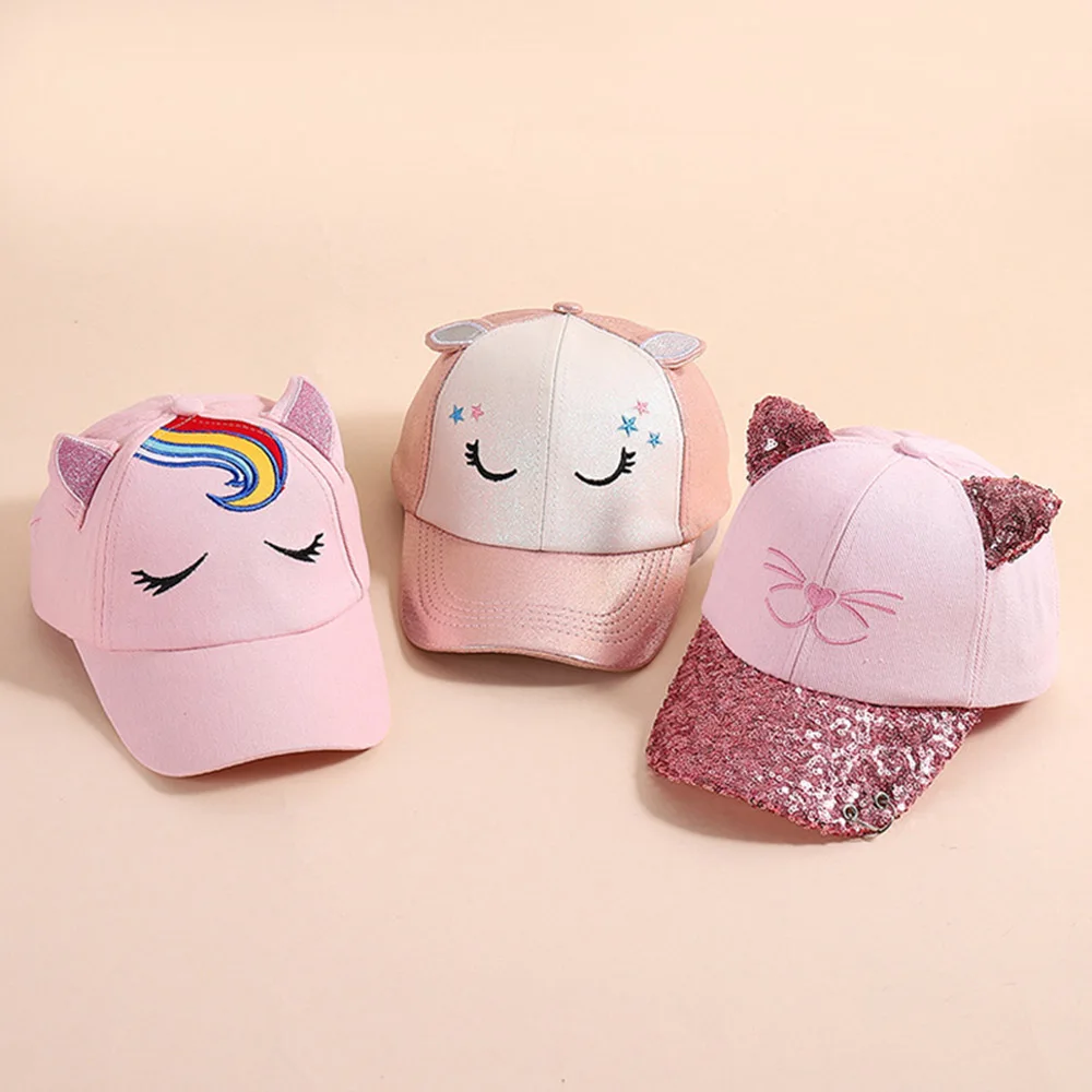 

Girls Baseball Caps High Quality Korean Cat Embroidery Cartoon Sequins Casual Children's Sun Hat For Kids 4-12 Years