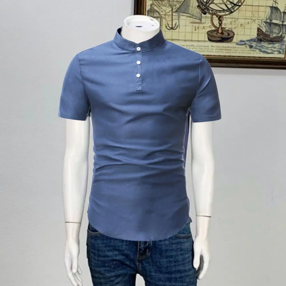 

Summer Men Shirt Solid Color Formal Buttons Stand Collar Short Sleeves Tops Daily Clothes
