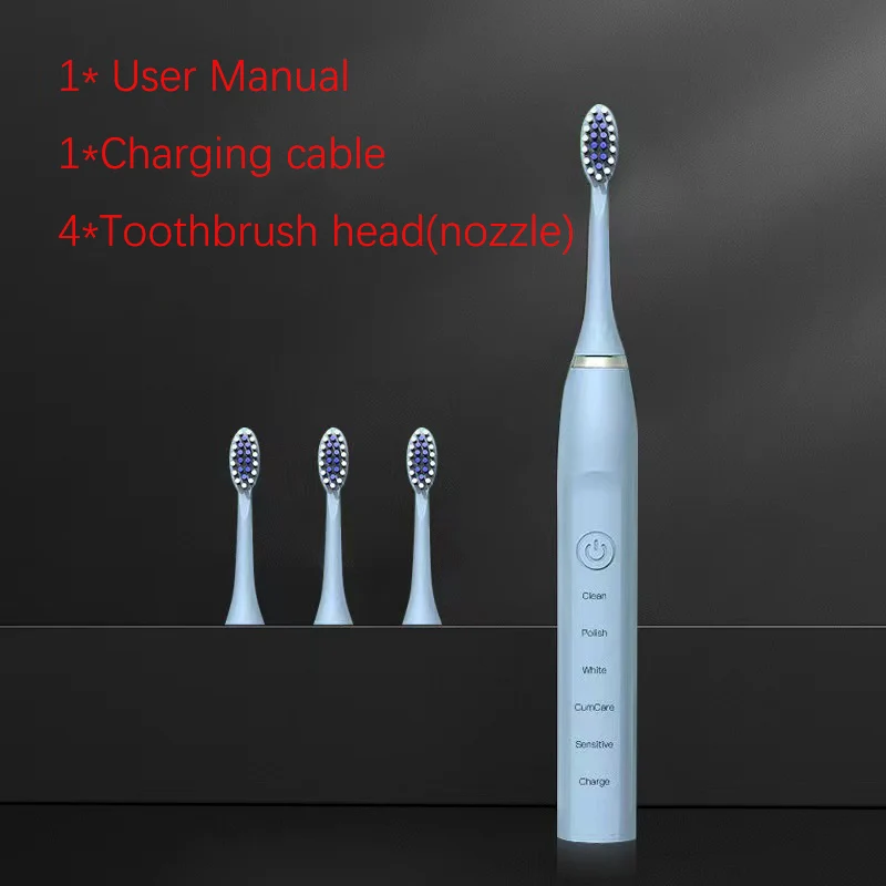 Cepillo de dientes eléctrico sónico blanqueador IPX7 resistente al agua, 4 cabezales, cargador USB, recargable, limpieza profunda