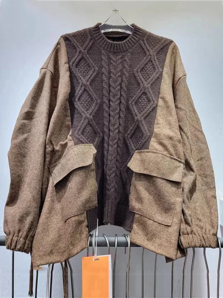 

NICEWOMENBatwing Sleeves Twisted Patch Work Sweater Vintage Long Sleeve Grey Loose Zipper Knitted Top 2023 Autumn/Winter New