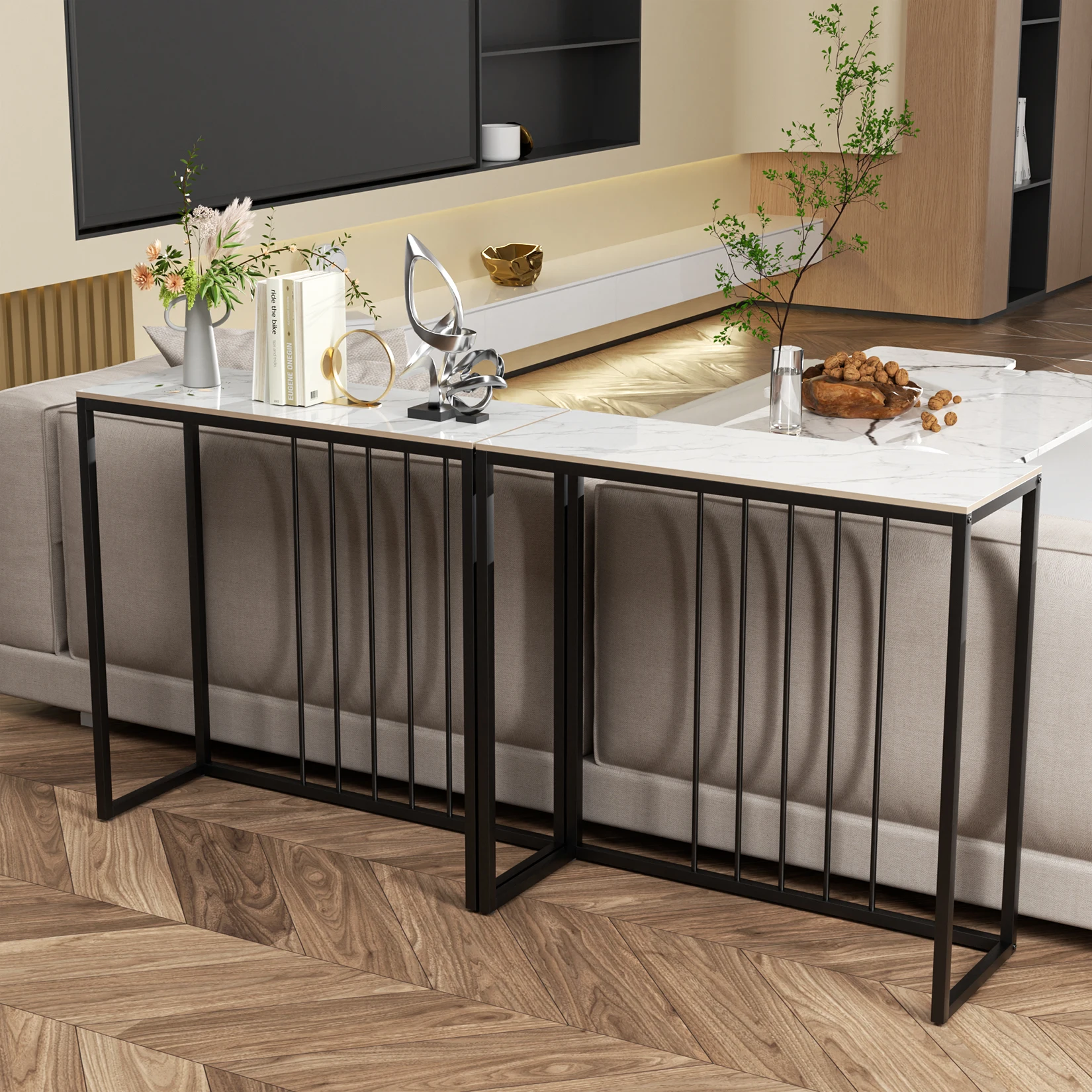 80CM Long Rectangle Marble Console Table for Living Room Entryway Accent Table Metal Frame