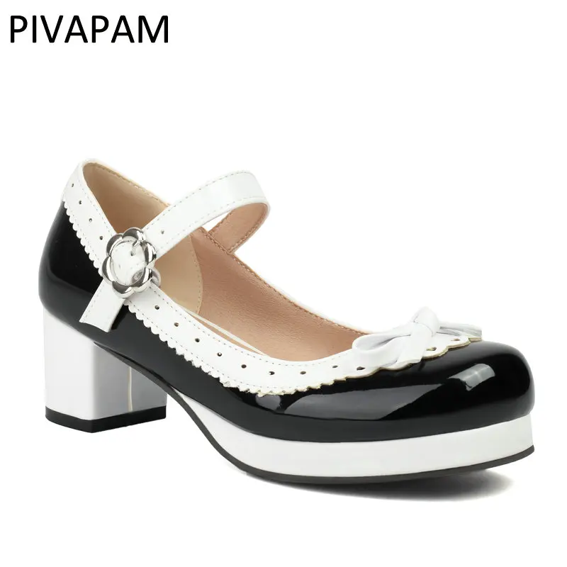 

Womens Cosplay Lolita Shoes Patent Leather Chic Bow Chunky High Heels Buckle Strap Platform Pumps Kawaii Shoes Mary Janes Woman