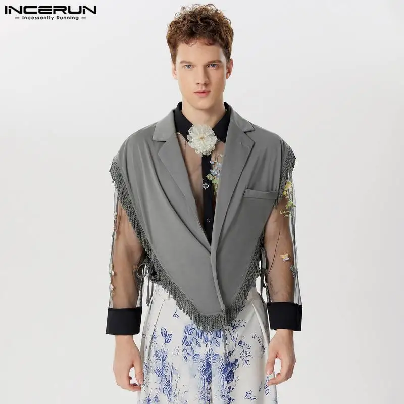 

INCERUN Tops 2024 American Style Fashion Men's Side Strap Short Tassel Silhouette Vests Streetwear Solid Lapel Waistcoats S-5XL