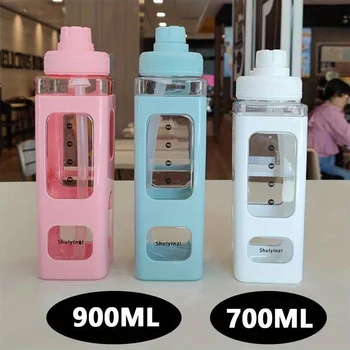 700/900ml Outdoor Water Bottle with Straw Clear Scale, Sport Plastic Portable School Drinking Bottle
