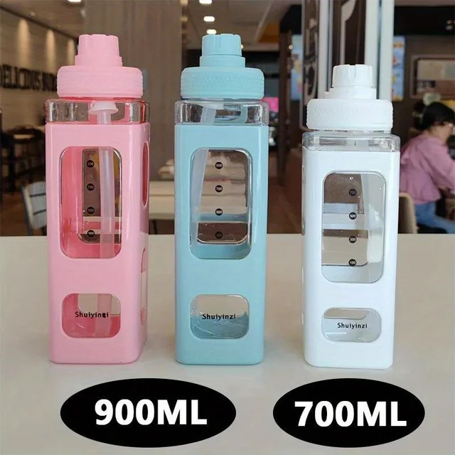 700/900ml Outdoor Water Bottle with Straw Clear Scale, Sport Plastic Portable School Drinking Bottle
