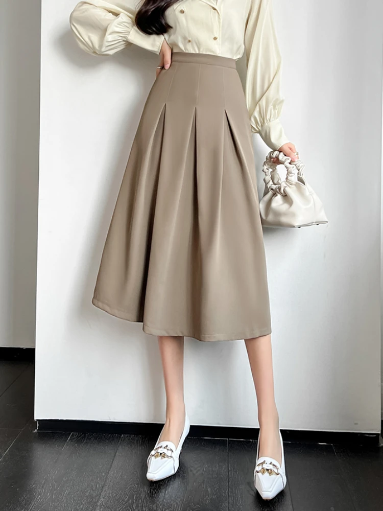 

FTLZZ Spring Elegant Women Empire Slim A-line Skirt Office Lady Solid Midi Skirt Female Pleated Skirt