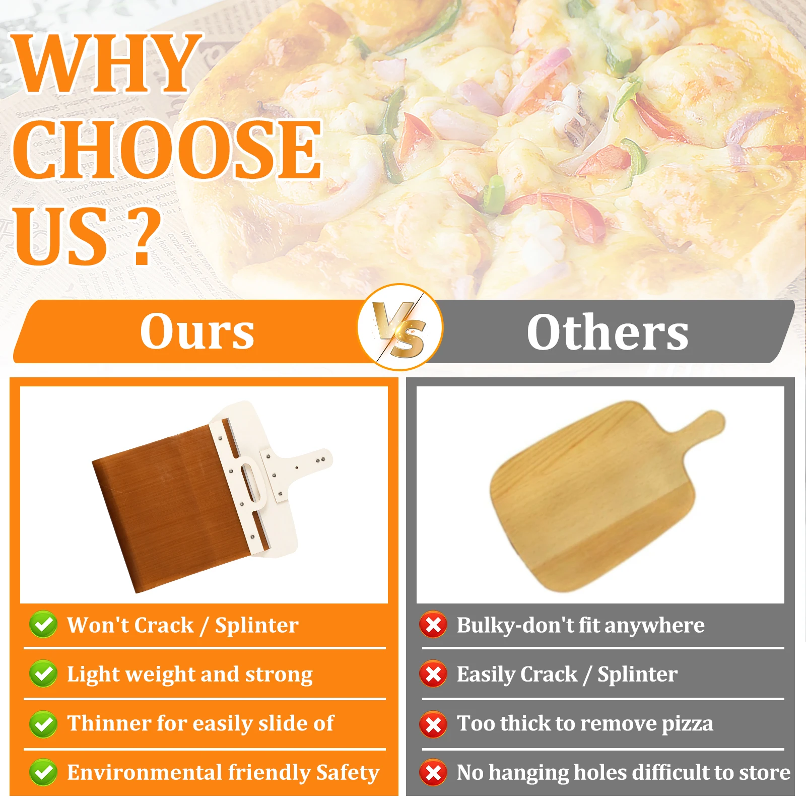 Sliding Pizza Peel Non-Stick Sliding Pizza Shovel with Detachable Wood Handle Effortless to Clean Paddle for Oven