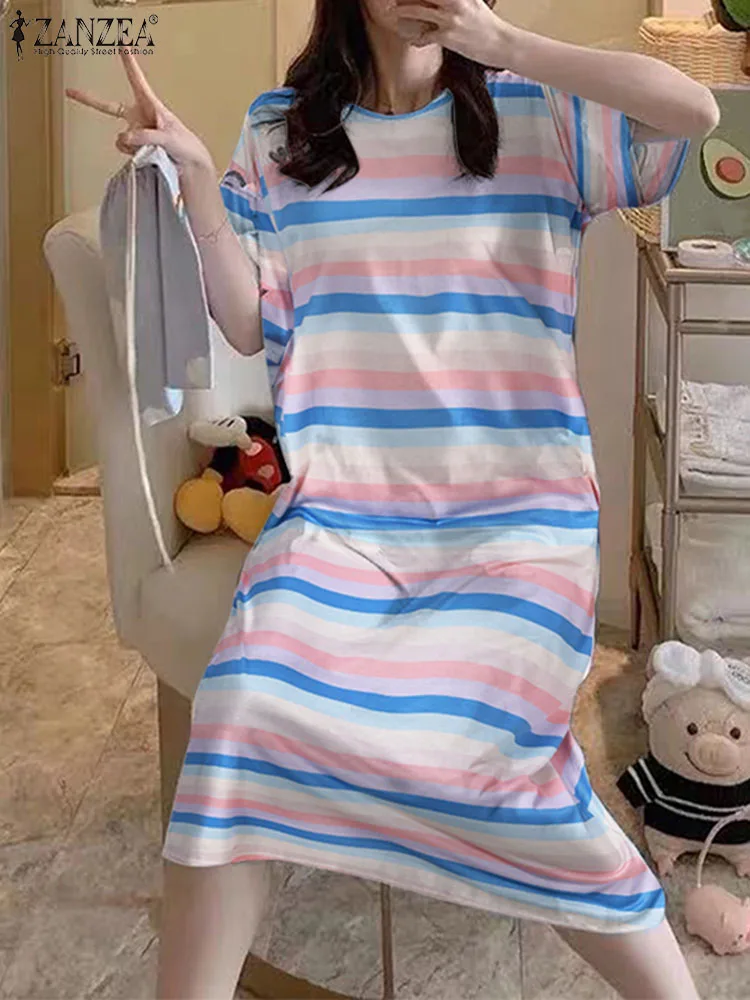 

ZANZEA 2024 Summer Stripes Short Sleeve Thin Dresses Baggy Vestidos At Home Women Casual Daily Dress Round Neck Loose Long Robes