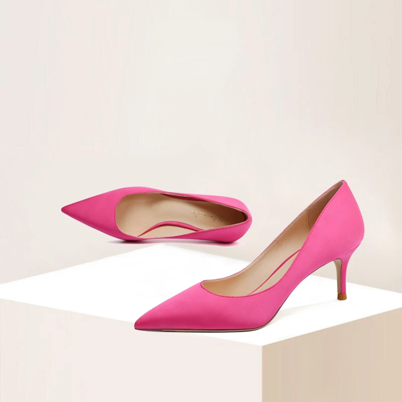 Sexy Rose Red Pumps Women Elegant Banquet 6cm Medium High Heels Pointed Toe Slip-on Satin Cloth Daily Wear Wrok Single Shoes