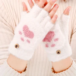1 Pairs Winter Fingerless Gloves Warm Convertible Mittens Flap Cover Cat Paw Gloves for Women Cold Weather Cosplay