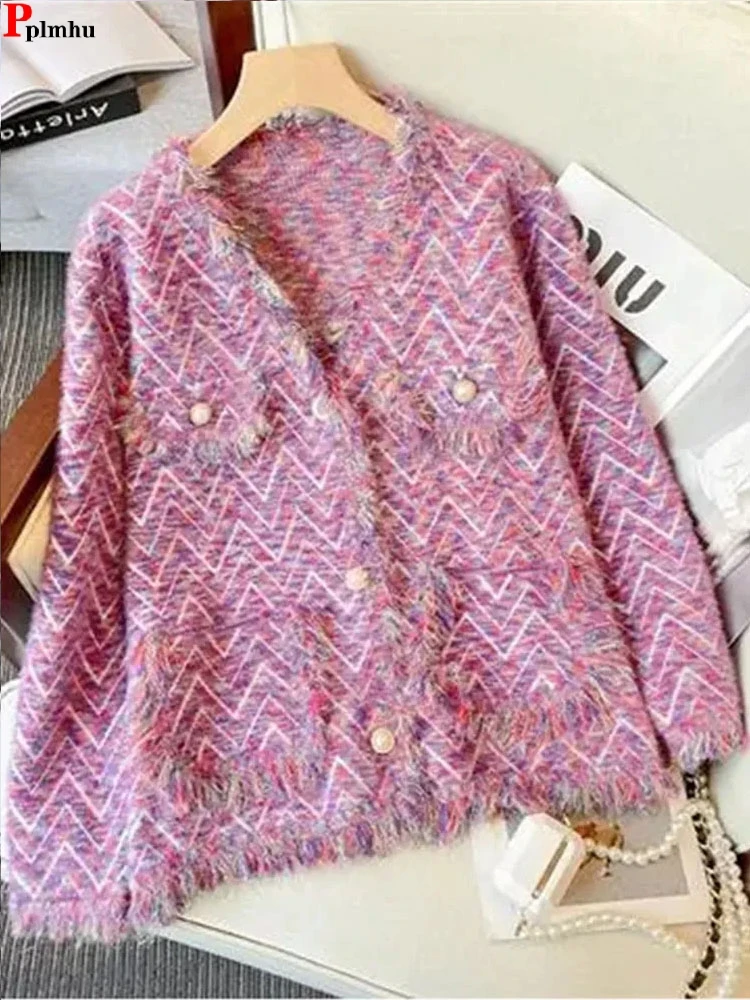 

Spring Fall Imitation Mink Knit Cardigan Tassle Loose Solid Color Knitwears Coats Oversize 95kg Soft KoreanV-neck Malhas Jackets