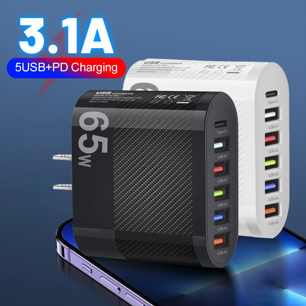 

3.1A 5Ports USB Charger PD Charging Adapter For Xiaomi iPhone 13 Samsung Mobile Phone Plug Charging QC 3.0 Wall Charger