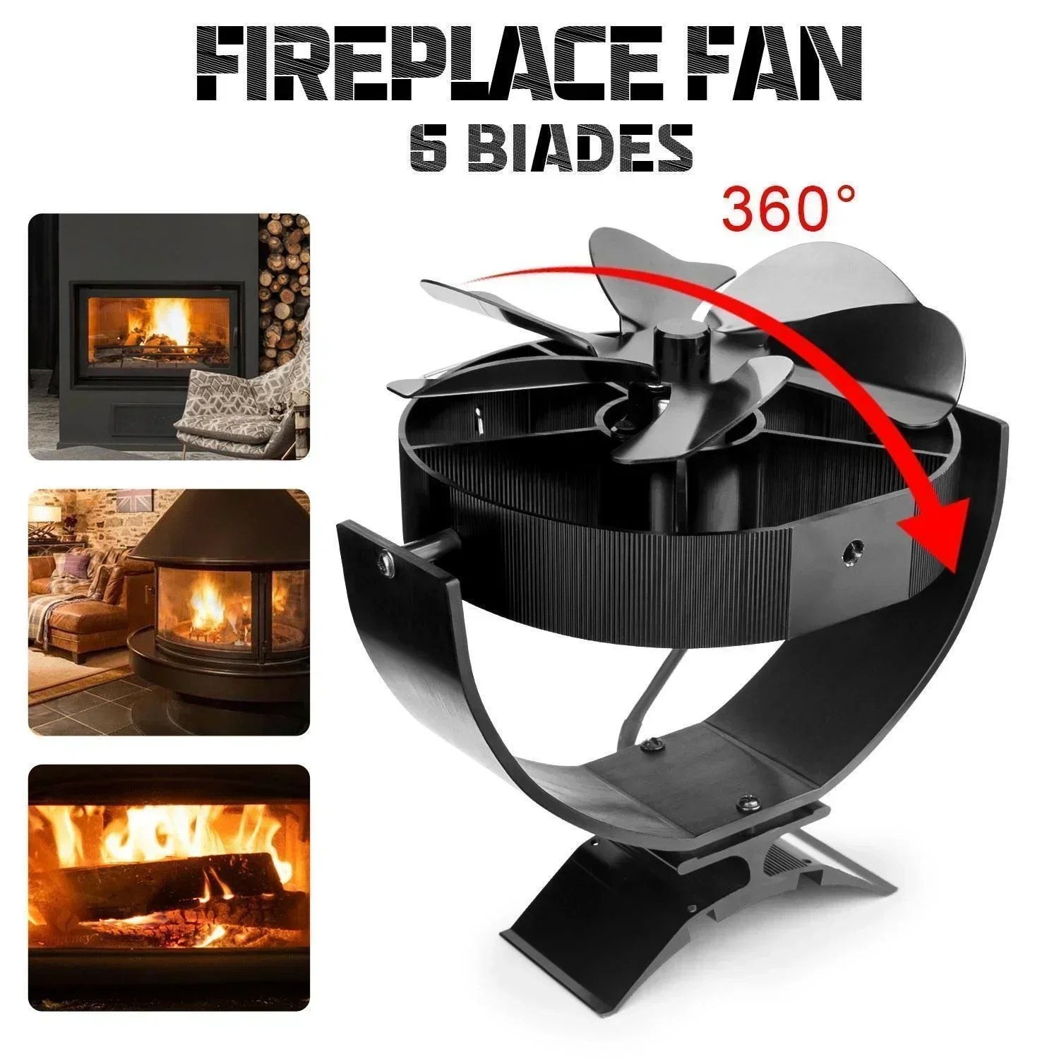 6 Blades Stove Fan Heat Powered Fireplace Fan 360&deg; Rotating for Home Winter