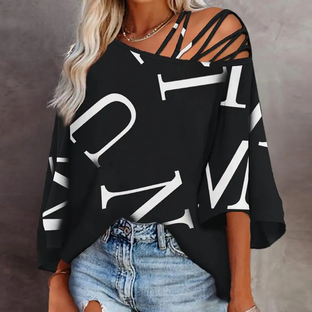 

Мягкая женская блузка, стильная женская футболка на одно плечо с буквенным принтом, с вырезами, дизайнерская женская футболка