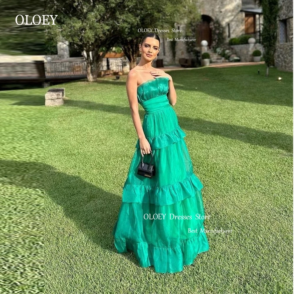

OLOEY Sexy Green Strapless Silk Organza Long Prom Party Dresses Tiered Evening Gowns Arabic Women Formal Occasion Dress 2023