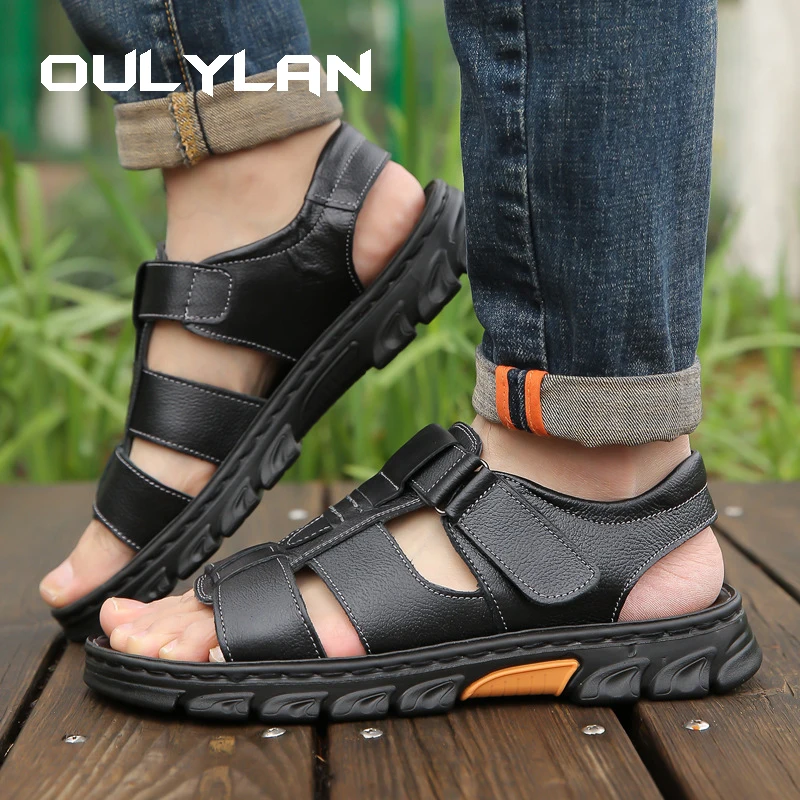 Oulylan Sandals Men's New Beach Shoes Cowhide Slippers Outdoor Non-Slip Thick-soled Leather Sandals 2024 Male Outdoor Sandals