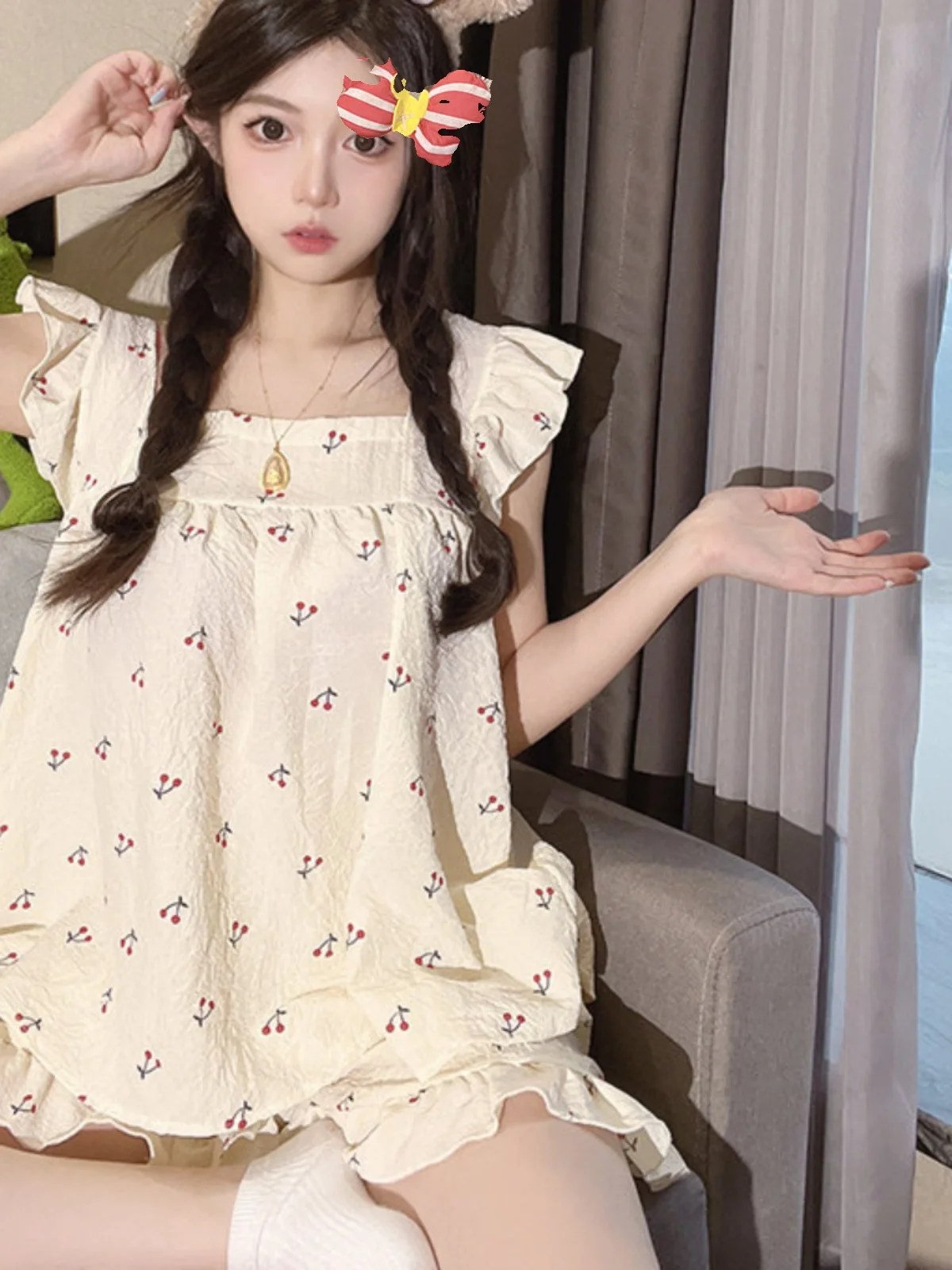 Summer Cute Cherry Girl's Sleepwear Strap Cotton Linen Thin Home Clothes Set Short Pants Gauze Cotton Linen Lightweight Sweet... - 3