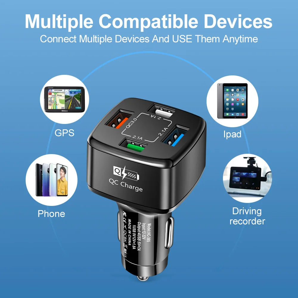 AIXXCO 4 Ports USB Car Charge 35W Quick 7A Mini Fast Charging Mobile Phone Charger Adapter in Car