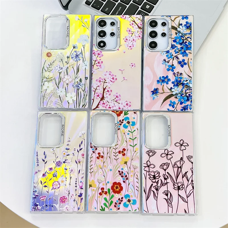 Coque de téléphone à motif de fleur laser pour Samsung Galaxy S25 S23 FE S24 Plus S22 Ultra A14 A15 A55 A54 A25 A35 A34 Coque arrière rigide en PC mat_voghion.com
