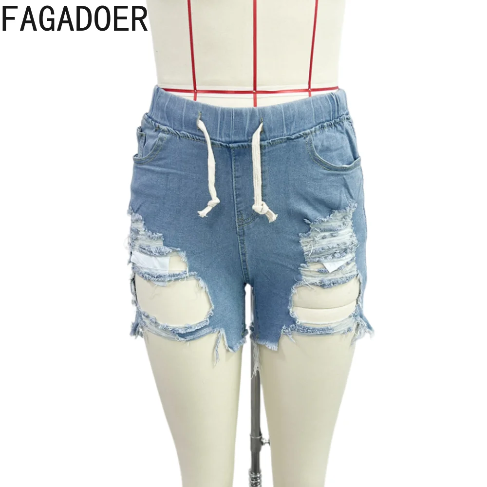 FAGADOER Fashion Streetwear Women High Waist Drawstring Lace Up Hole Denim Shorts Casual Female Elasticity Skinny Shorts Bottoms