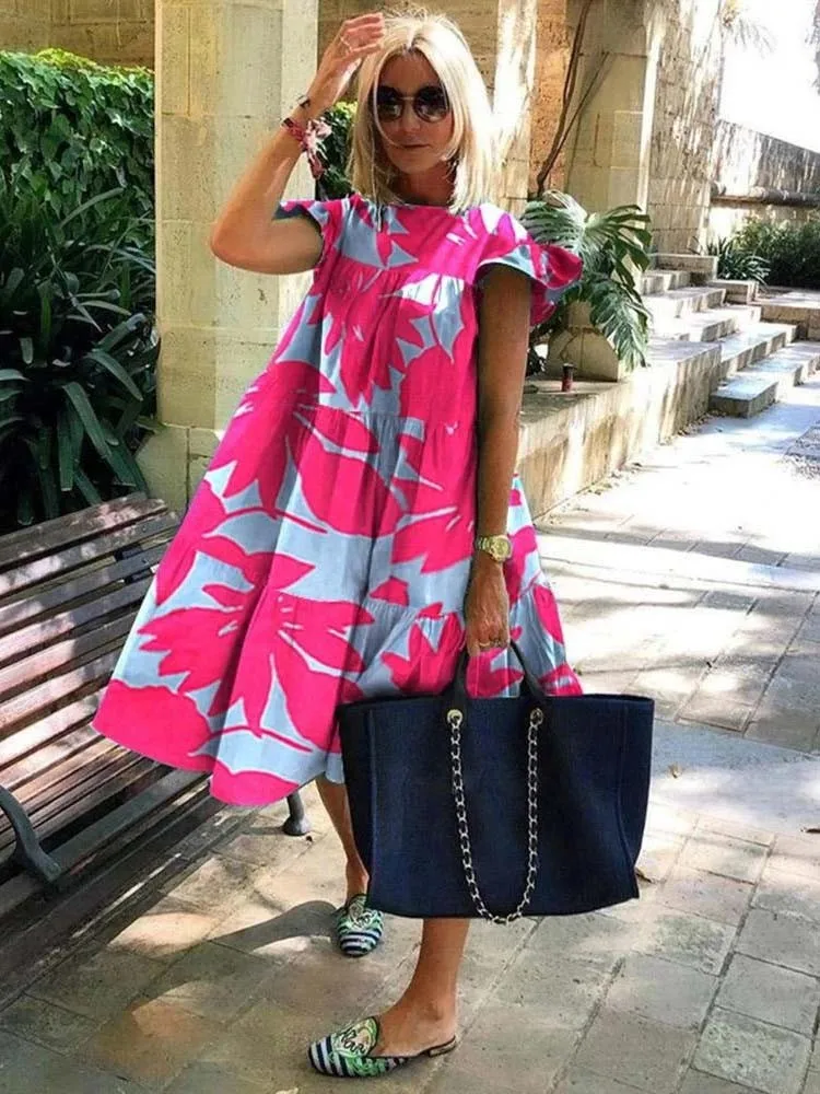 Fashion Boho Floral Print Oversize A-line Dress For Women