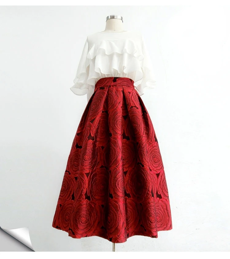 2022 Spring Autumn Hepburn Vintage Elegant Women Red Y2k Retro Floral Aesthetic Jacquard High-waisted Long A-line Pleated Skirt golf skirt