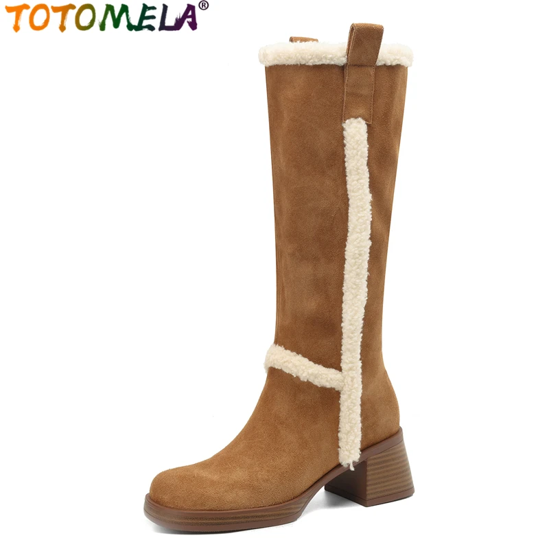 

TOTOMELA 2024 New Suede Leather Boots Round Toe Square High Heels Knee High Boots Women Thick Fur Warm Winter Booties Ladies