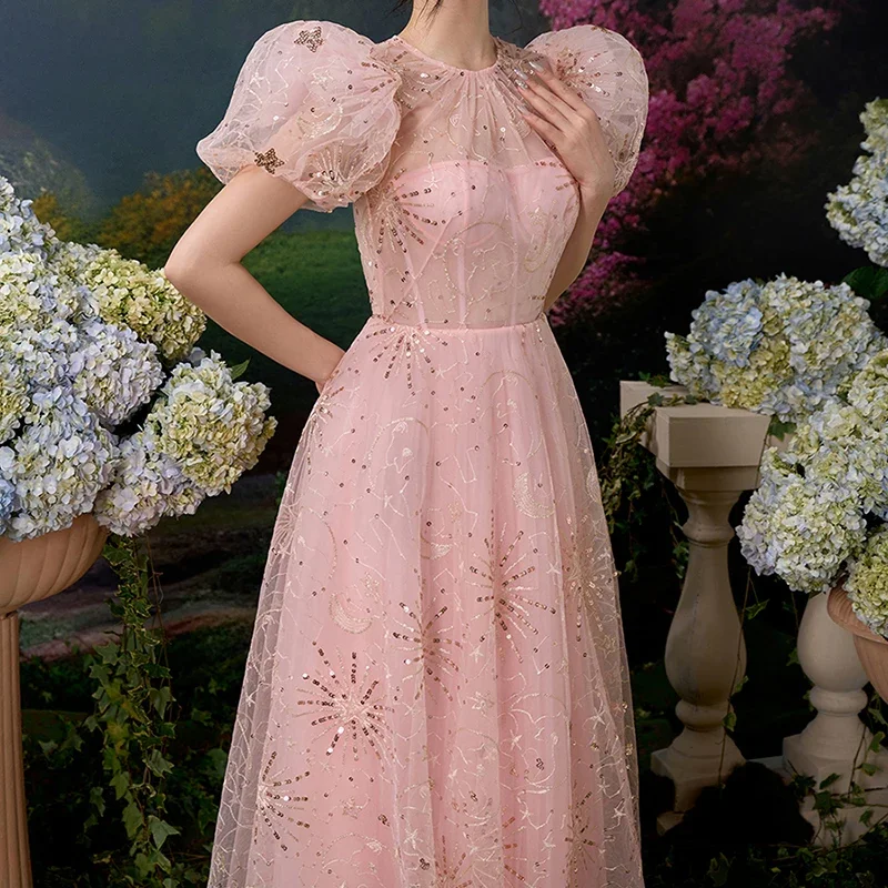 

Pink Mesh Evening Dress Women Summer Puff Sleeve Sequin Bling Lovely Party Dresses Ladies Elegant O-neck Design Vestido