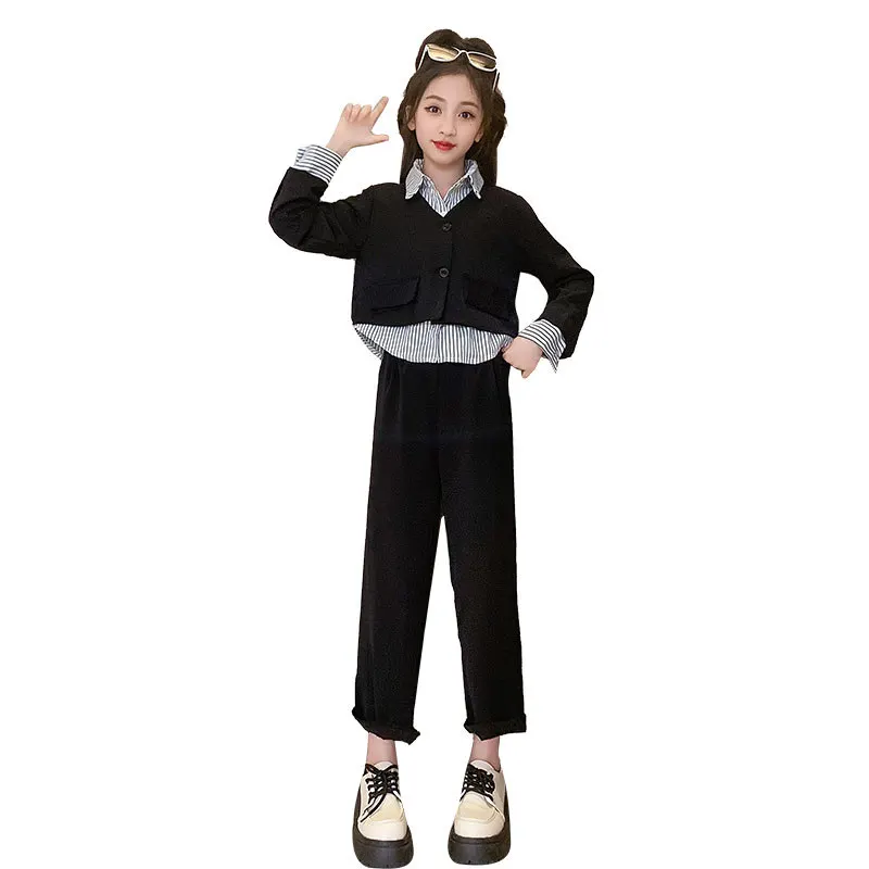 

2023 Fashion Patchwork Suit for Girls 2 Pcs Set Spring Autumn Shirt Blazer + Pants Kids Tracksuits Children's Streetwear Clothes