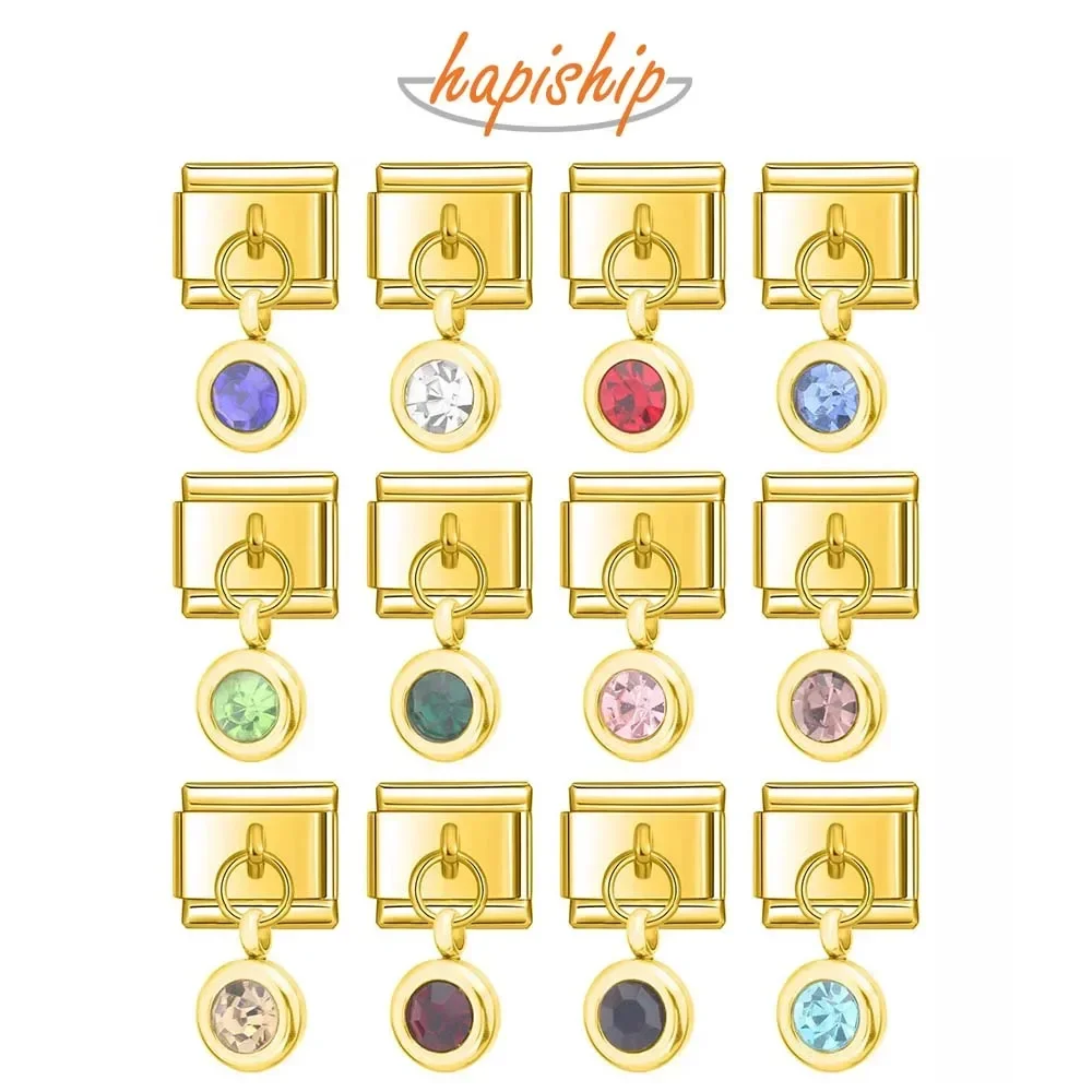 Hapiship Gold 12 Month Birthday Colour Dazzling CZ Links Charm Fit 9mm Bracelet Stainless Steel Jewelry Making DJ475 charm bracelet