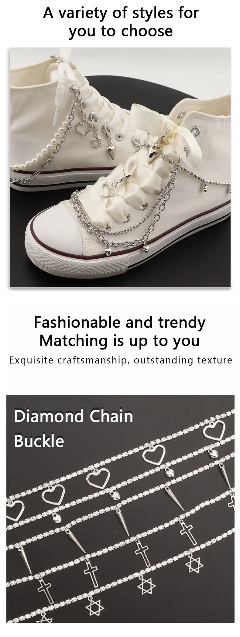 Süße coole Edelstahl-Schuhdekorationen, hohler Stern, Liebe, Anhänger, Perle, doppellagig, Bling, Strass, Schuhkette, Schuhanhänger – Detail 2