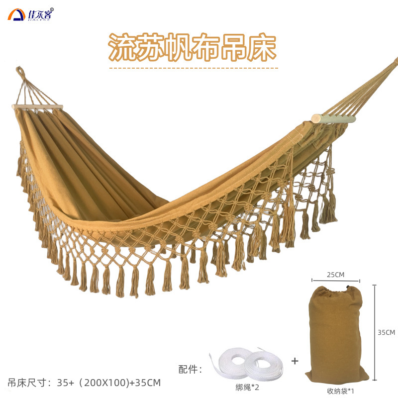 Anti-roll canvas hammock tassel single swing outdoor camping exotic hammock wholesale