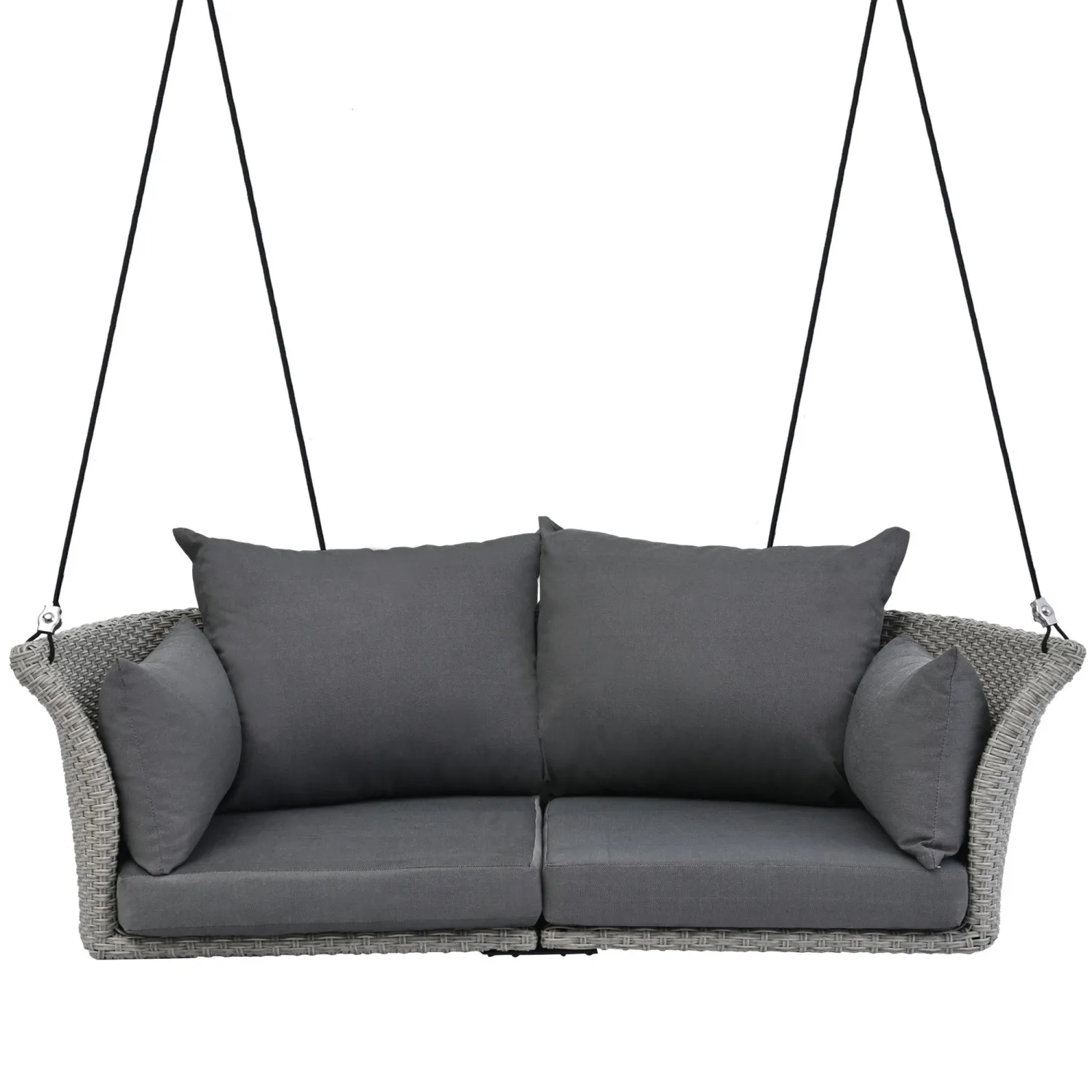 Gray Wicker Hanging Swing Chair with Cushion for 2-Person 3