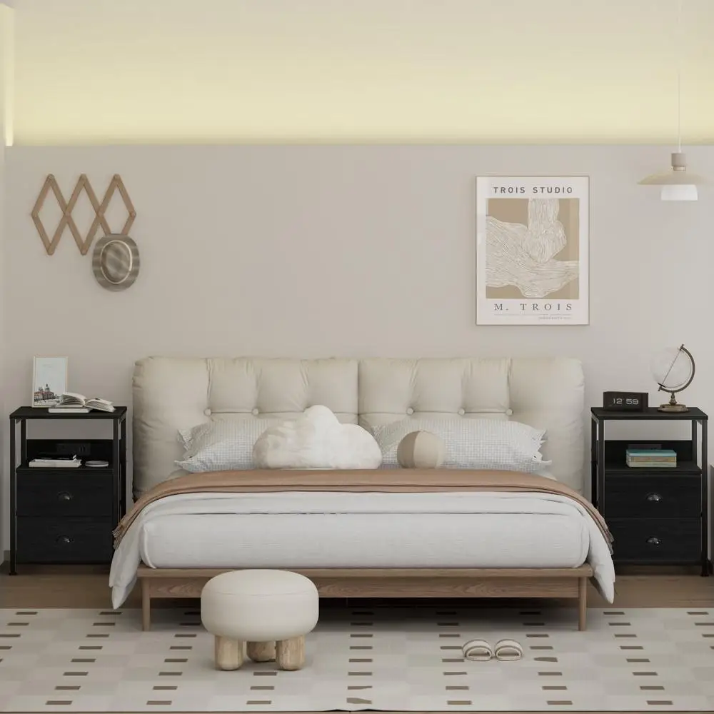 Set of 2 Nightstands with Charging Station USB Ports AC Outlets Fabric Drawers Small End Table Bedroom Living Room 3