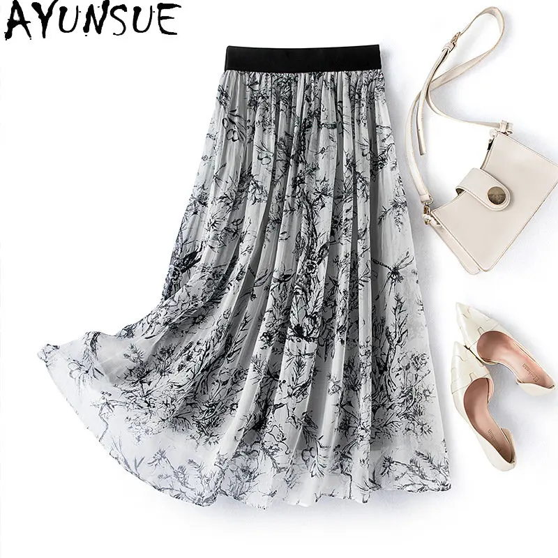 

95% Mulberry Real Silk Skirt Women Summer Printed Long Skirt Women's Clothing Slim Thin Temperament Elastic Waist Female Jupes