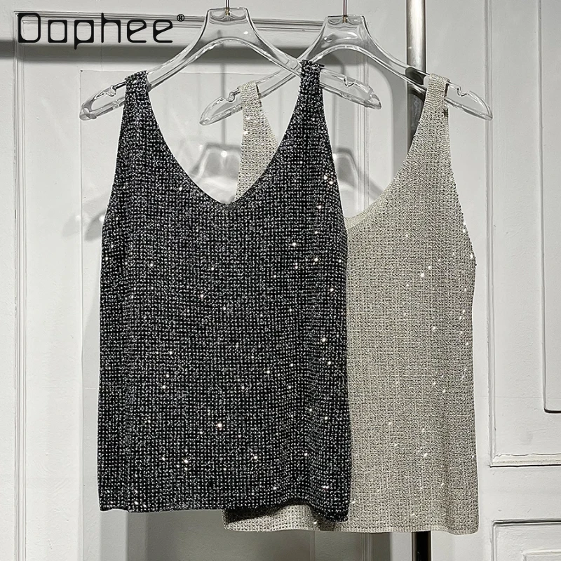 

Fashion Diamonds V-neck Knitted Vest Women's Hot Drilling Sleeveless Top 2024 Spring New Loose Slimming Strap Bottoming Tops