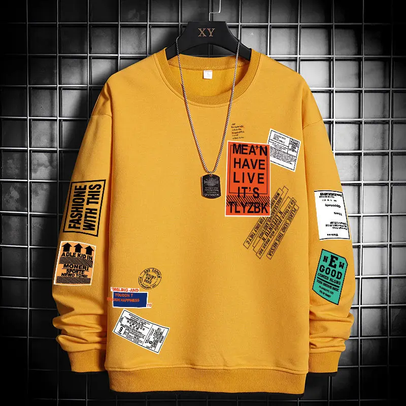 Men T-shirt Long Sleeve Autumn and Winter 2023 New Teen Trend Ins Loose Large Size Fleece-Lined Crew Neck Sweater Fashion