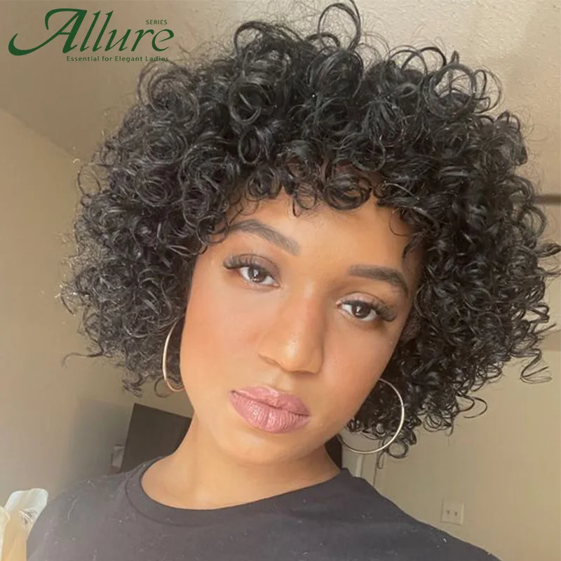 

Short Curly Human Hair Wigs With Bangs Black Women Deep Windy Glueless Wig Ombre Brown Brazilian Hair Full Machine Made Allure