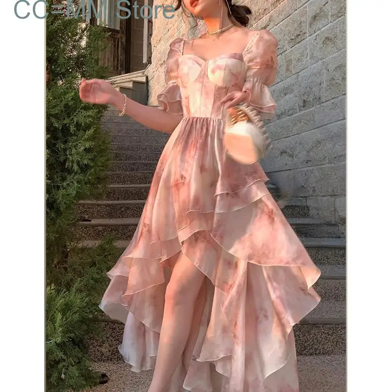 

New Floral Summer Dress New Fashion Fairycore Puff Sleeve Ball Gown Birthday Dress for Women Short Sleeves Midi Dress