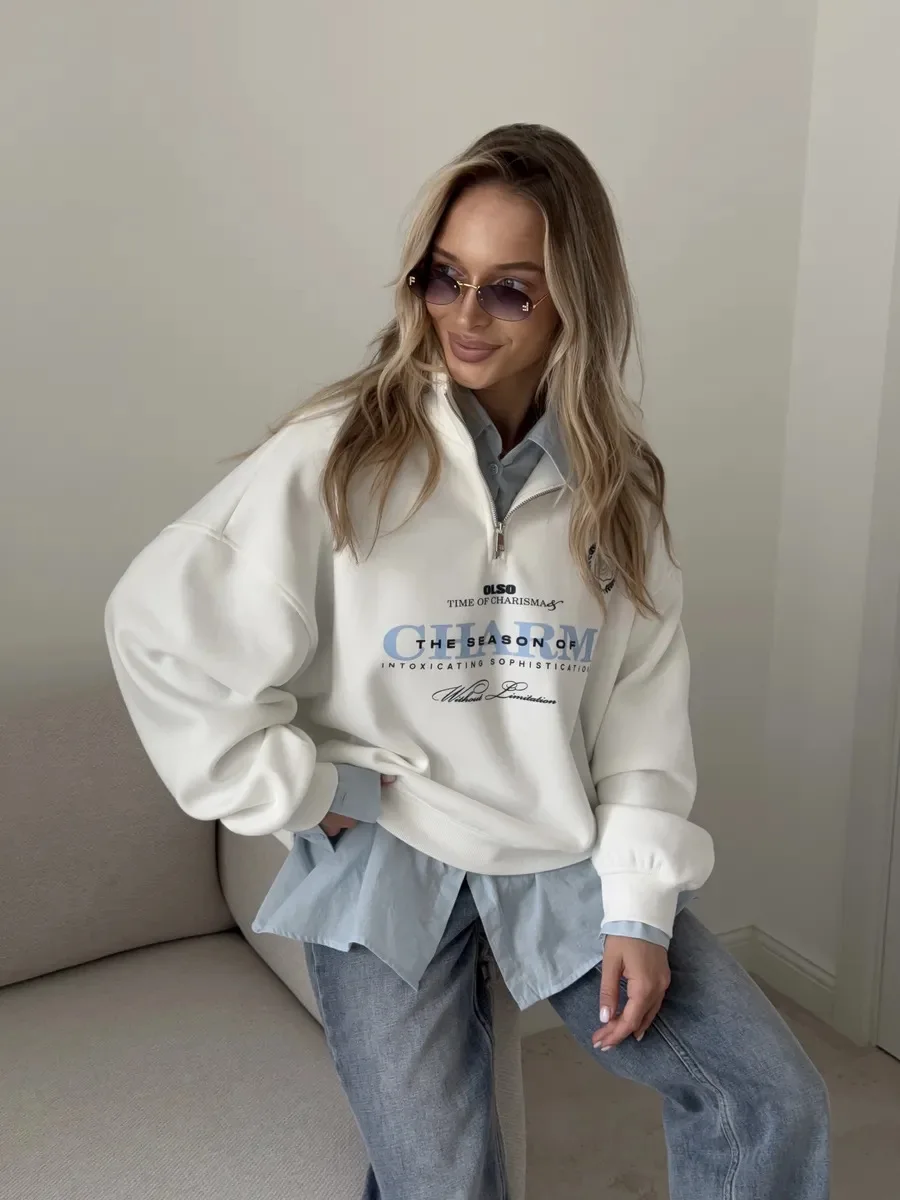 American Retro Badge Sweatshirts Zipper Turn-down Collar Pink Blouse Hoodies Fashion Sports Women Streetwear Autumn Large Size