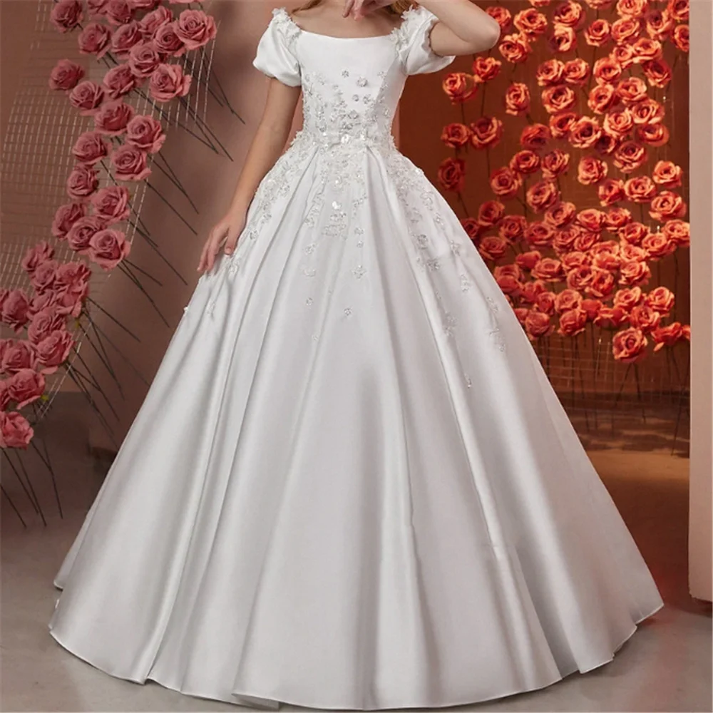 Elegant Flower Girl Dresses for Wedding Satin Beaded Floral Floor Length Girl Kids Birthday Party First Holy Communion Gown flower girl dresses,floral appliqu&eacute; dress,girls dresses,satin formal dress