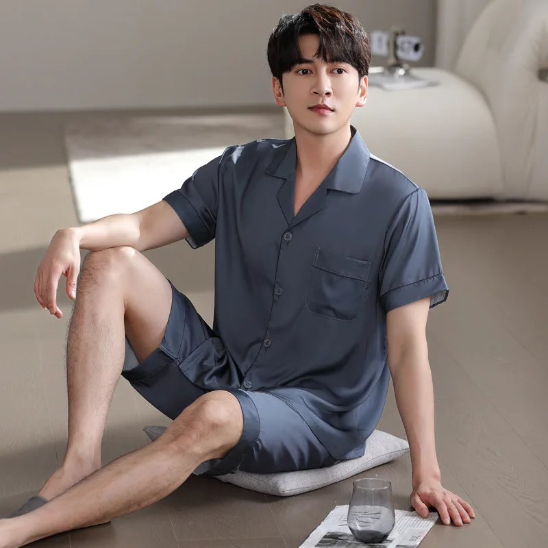 Summer Men's Thin Imitation Silk Pajamas Short Sleeve Cardigan Shorts Oversized Loose Casual Comfortable Home Clothing Set