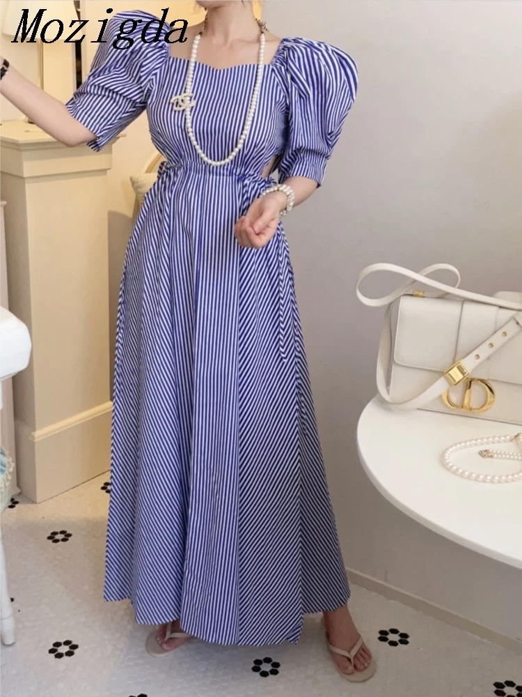 

Summer Striped Print Long Square Collar Dress Women Ruffle Pleated Korean Loose Ladies Dresses Fashion Puff Sleeve Woman Dress