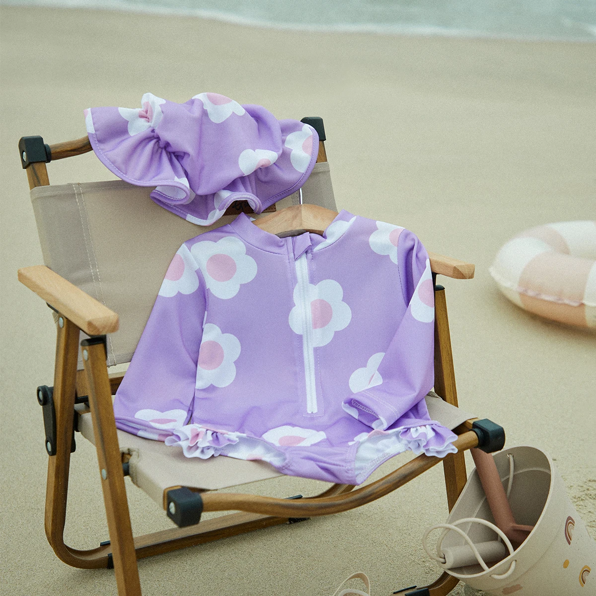 Kids Girls Swimwear Jumpsuit Infant Beachwear Hat Princess Flower Print Zipper Baby Bathing Suit