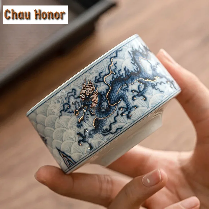 120ml  High-end Gold Silver Inlaid Ceramic Teacup Blue and White Dragon Master Cup Straight Mouth Personal Tea Bowl Jianzhan Mug