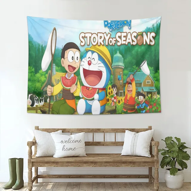 Aesthetic Lovely Poster: Custom Doraemon Cute Tapestry Anime Character Robot Cats Wall Hanging Room Decor