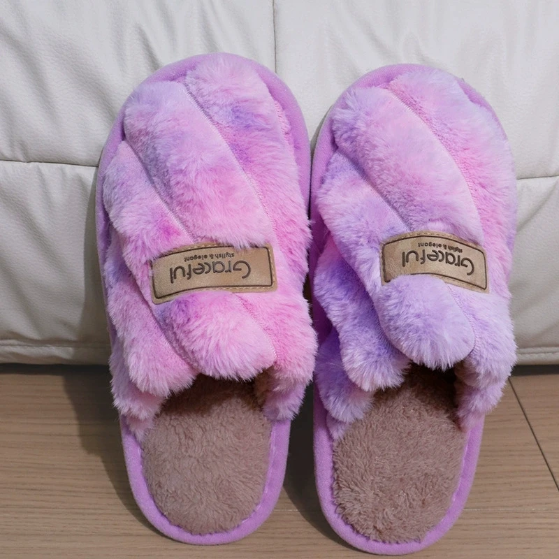 Flat Heel Home Cotton Slippers Women Pink Soft Fluffy Warm Fur Slippers Woman Winter Light Closed Toe Living Room Shoes Female