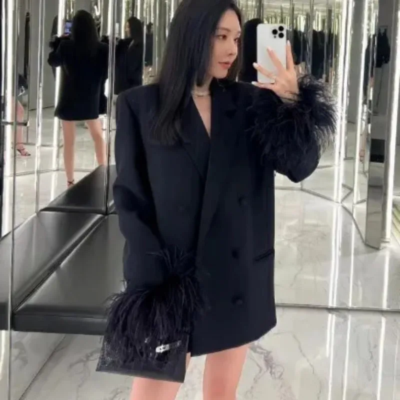 Spring Autumn New Casual Long Sleeve Suit Jacket Women's Blazer 2023 New Korean Fashion Business Elegant Tops Ostrich Feathers