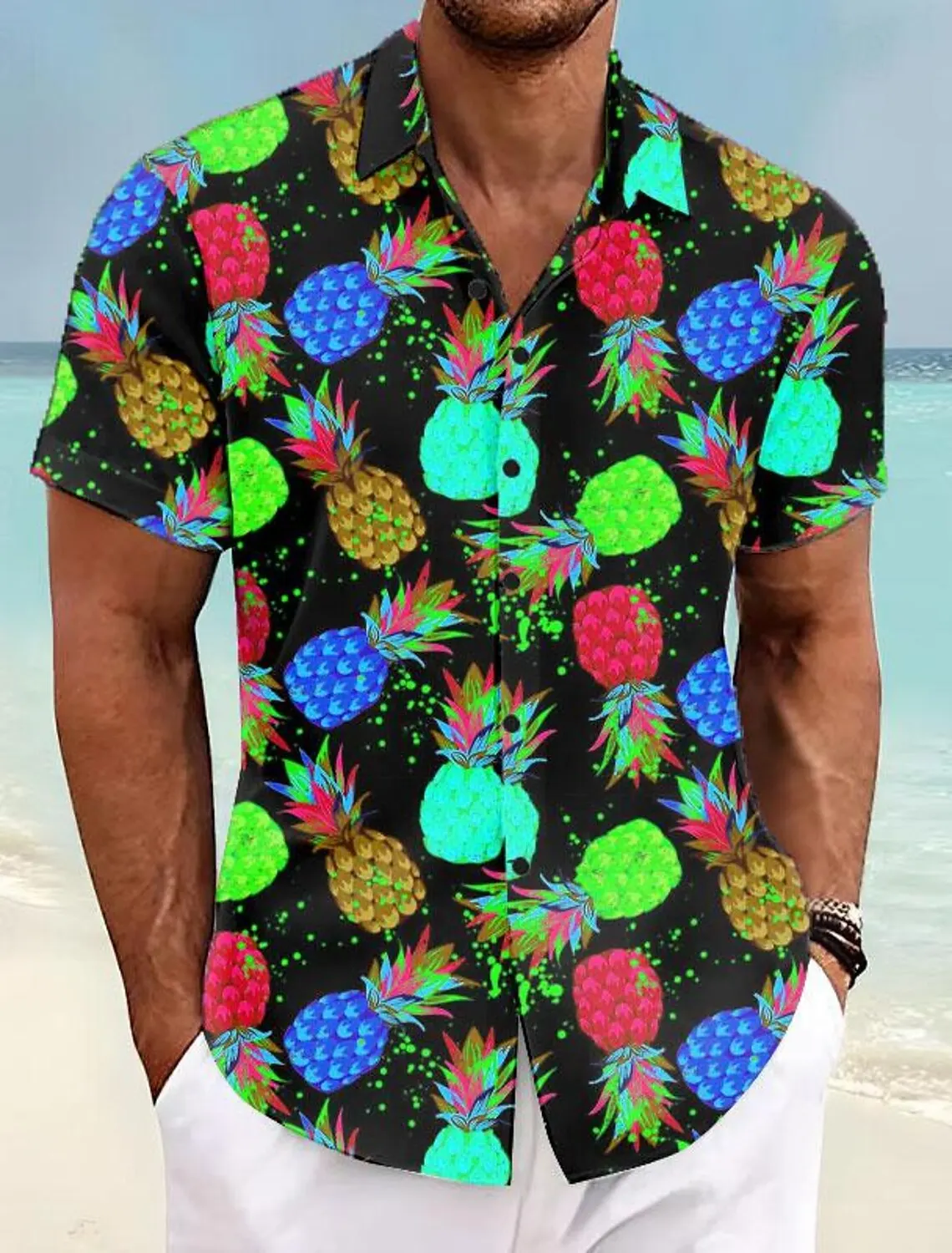 thumbnail image 1 of Camisa de hombre con estampado tropical de piña, camisa hawaiana de verano, informal, para vacaciones, verano, primavera, camisa de manga corta con cuello vuelto, tela elástica, 1 of 5