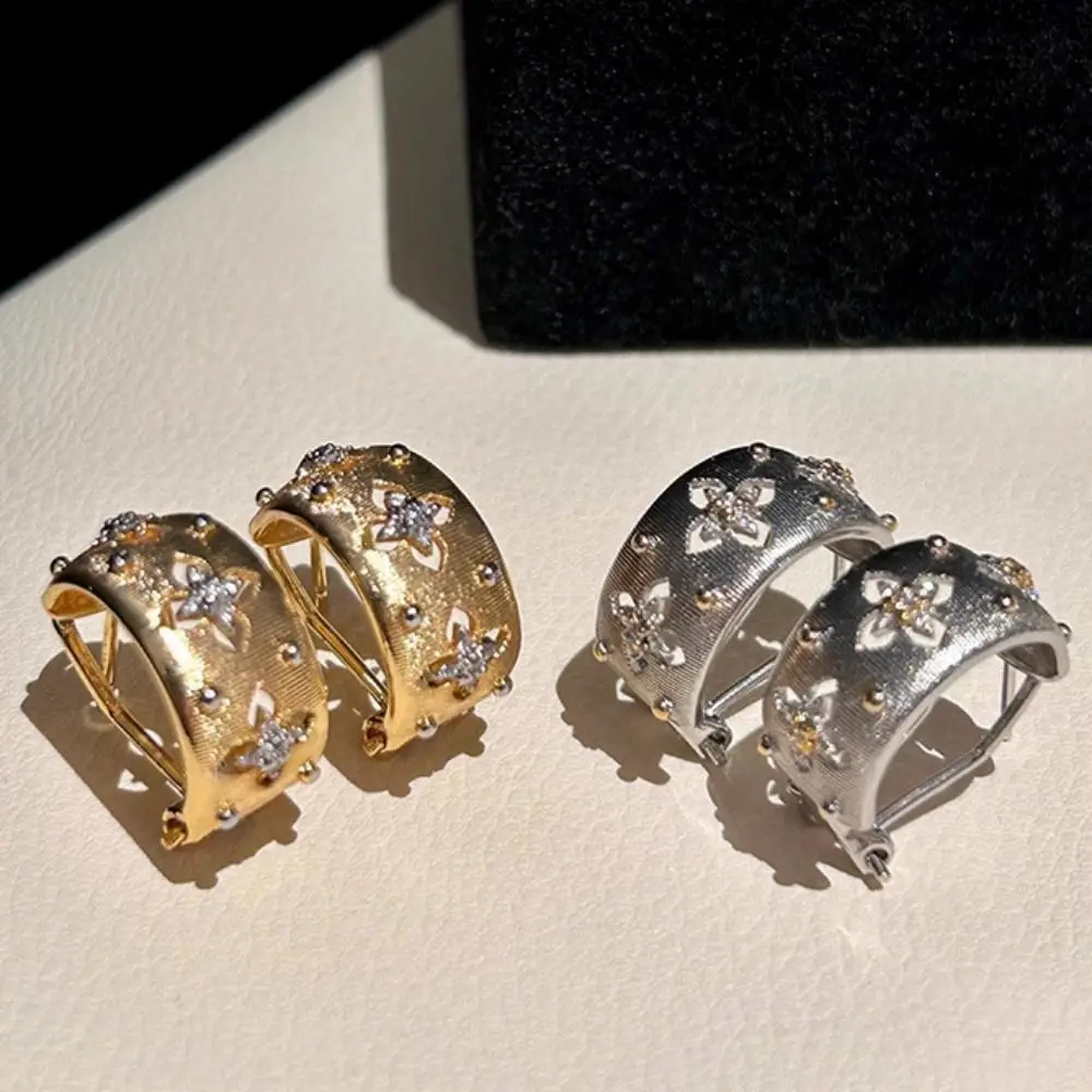 Silver Needle Hollow Flower Stud Earrings With Zircon Inlays image 2